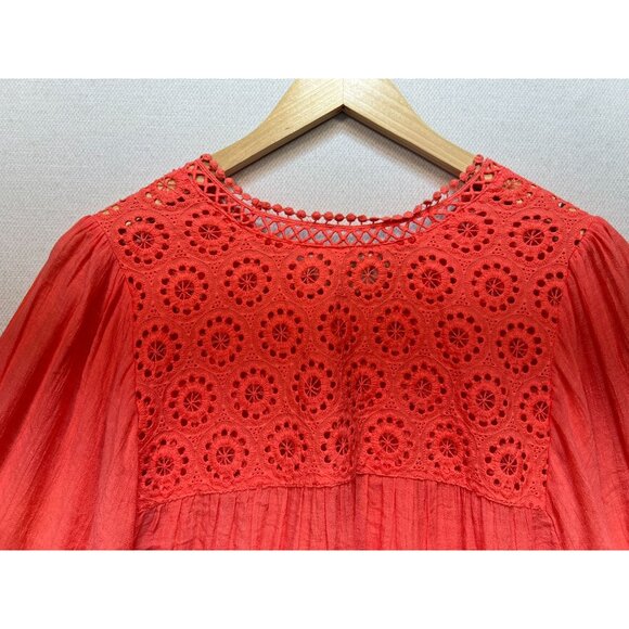 NWT John Paul Richard Peasant Blouse Large Coral Boho Casual Top Crochet Eyelet - Picture 10 of 13